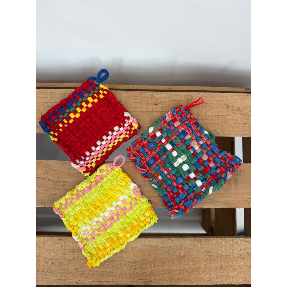 Vintage Handmade Woven Loom Cotton Potholder Set of 3 Cottagecore Boho Kitchen